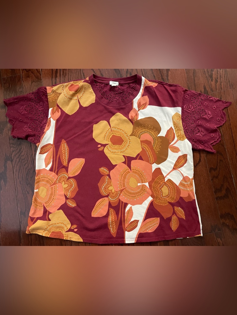TINY Women’s Floral Lace-Sleeve Top in Burgundy and Mustard